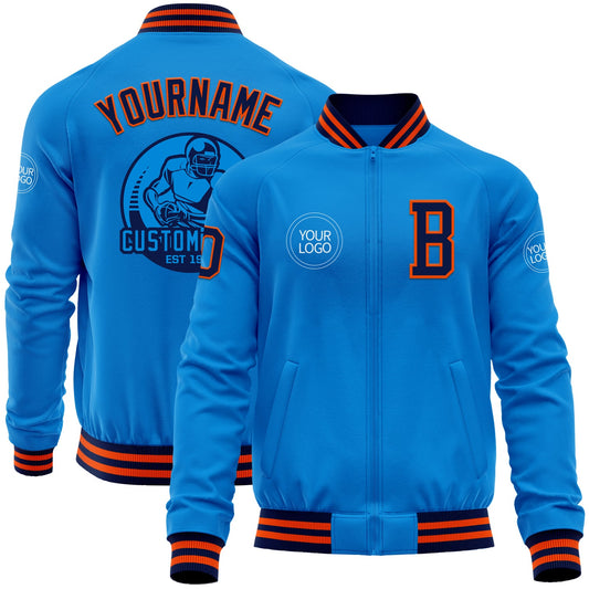 Custom Powder Blue Navy-Orange Bomber Varsity Letterman Zipper Jacket - Main View