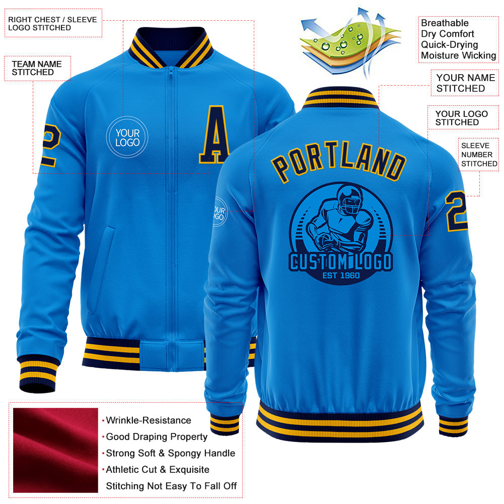 Custom Powder Blue Navy-Gold Bomber Varsity Letterman Zipper Jacket view 4