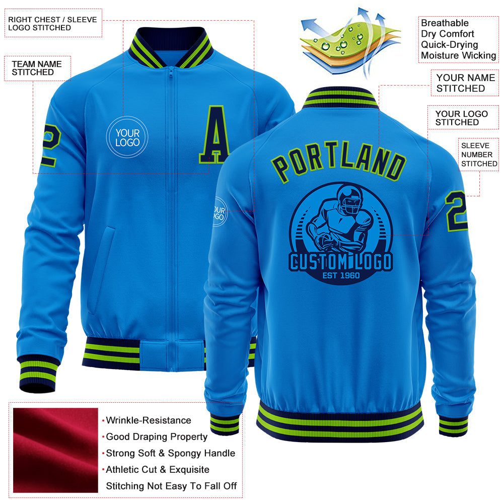 Custom Powder Blue Navy-Neon Green Bomber Varsity Letterman Zipper Jacket view 4