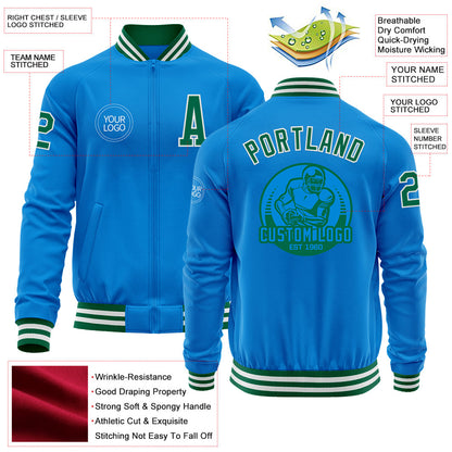 Custom Powder Blue Kelly Green-White Bomber Varsity Letterman Zipper Jacket view 4