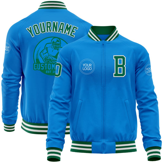 Custom Powder Blue Kelly Green-White Bomber Varsity Letterman Zipper Jacket - Main View