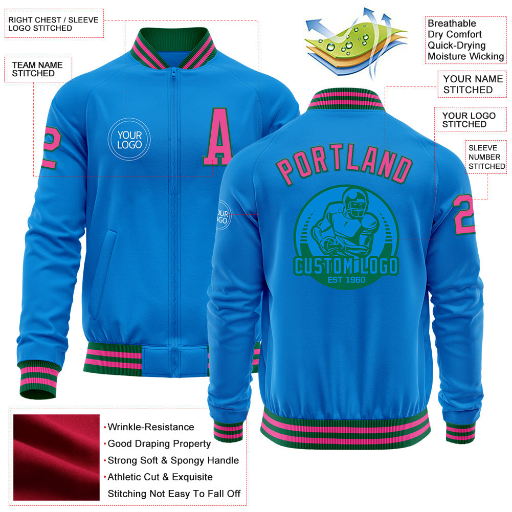 Custom Powder Blue Pink-Kelly Green Bomber Varsity Letterman Zipper Jacket view 4