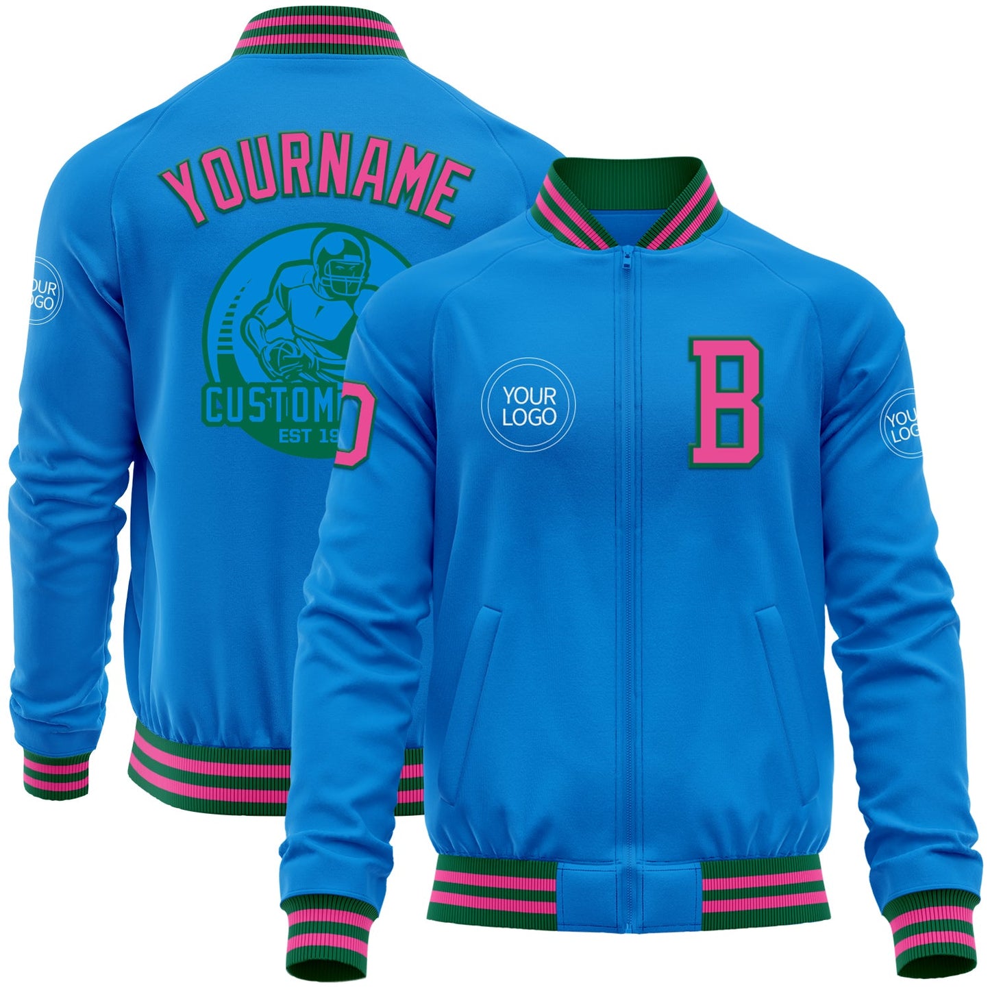 Custom Powder Blue Pink-Kelly Green Bomber Varsity Letterman Zipper Jacket - Main View