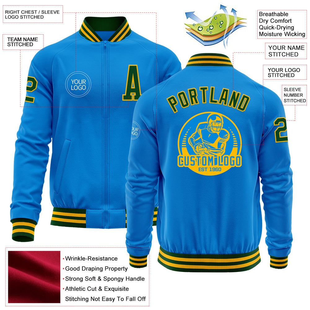 Custom Powder Blue Green-Gold Bomber Varsity Letterman Zipper Jacket view 4
