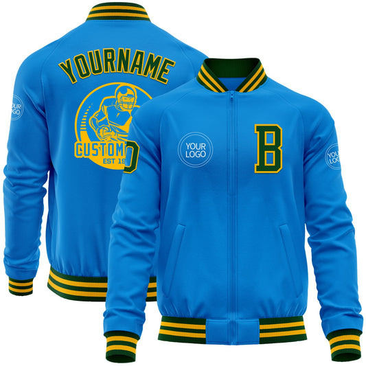 Custom Powder Blue Green-Gold Bomber Varsity Letterman Zipper Jacket - Main View