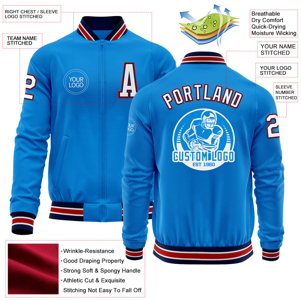 Custom Powder Blue Navy-Red Bomber Varsity Letterman Zipper Jacket view 4