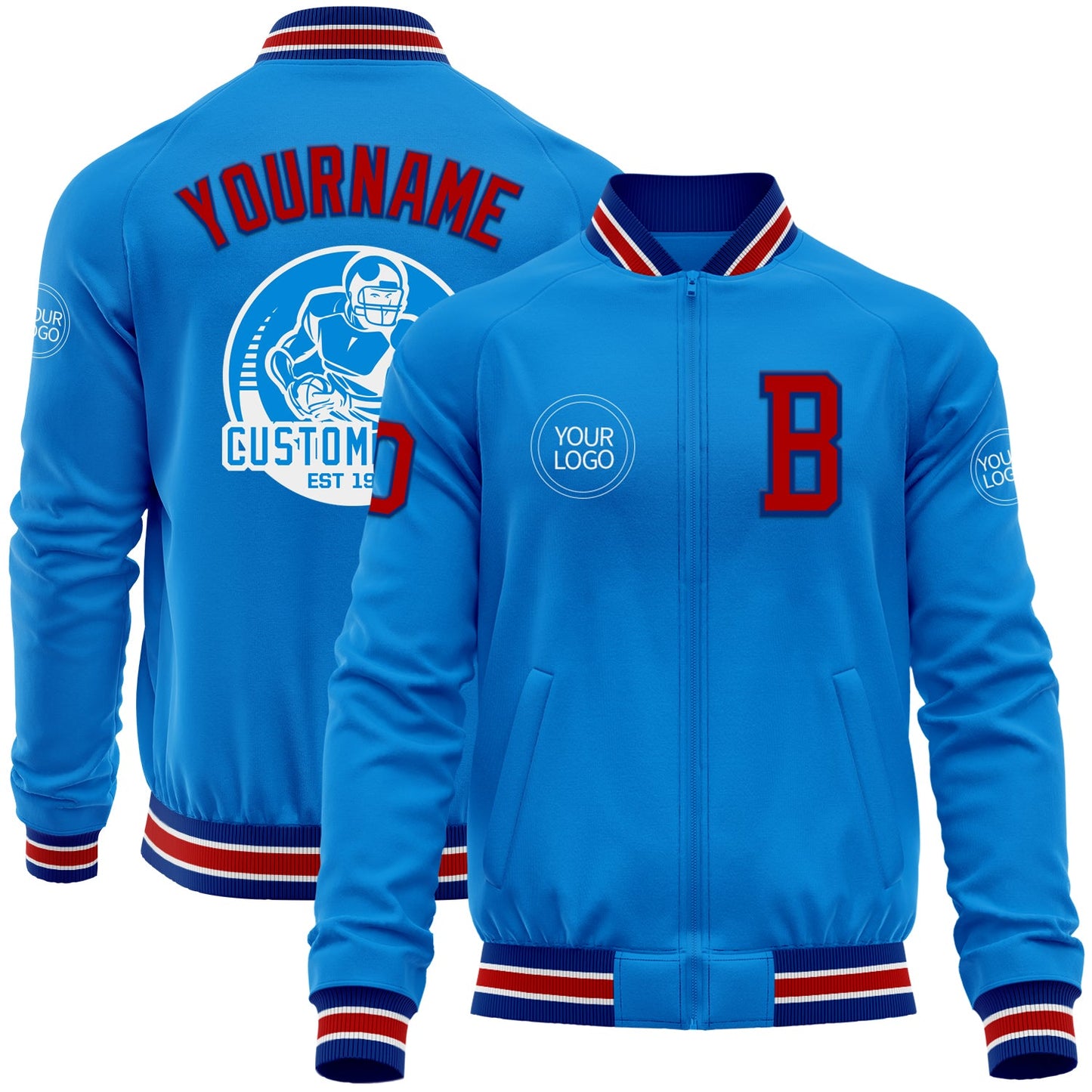 Custom Powder Blue Red-Royal Bomber Varsity Letterman Zipper Jacket - Main View