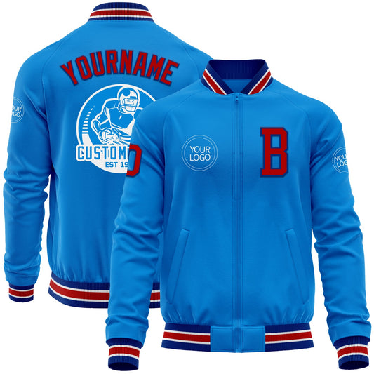 Custom Powder Blue Red-Royal Bomber Varsity Letterman Zipper Jacket - Main View