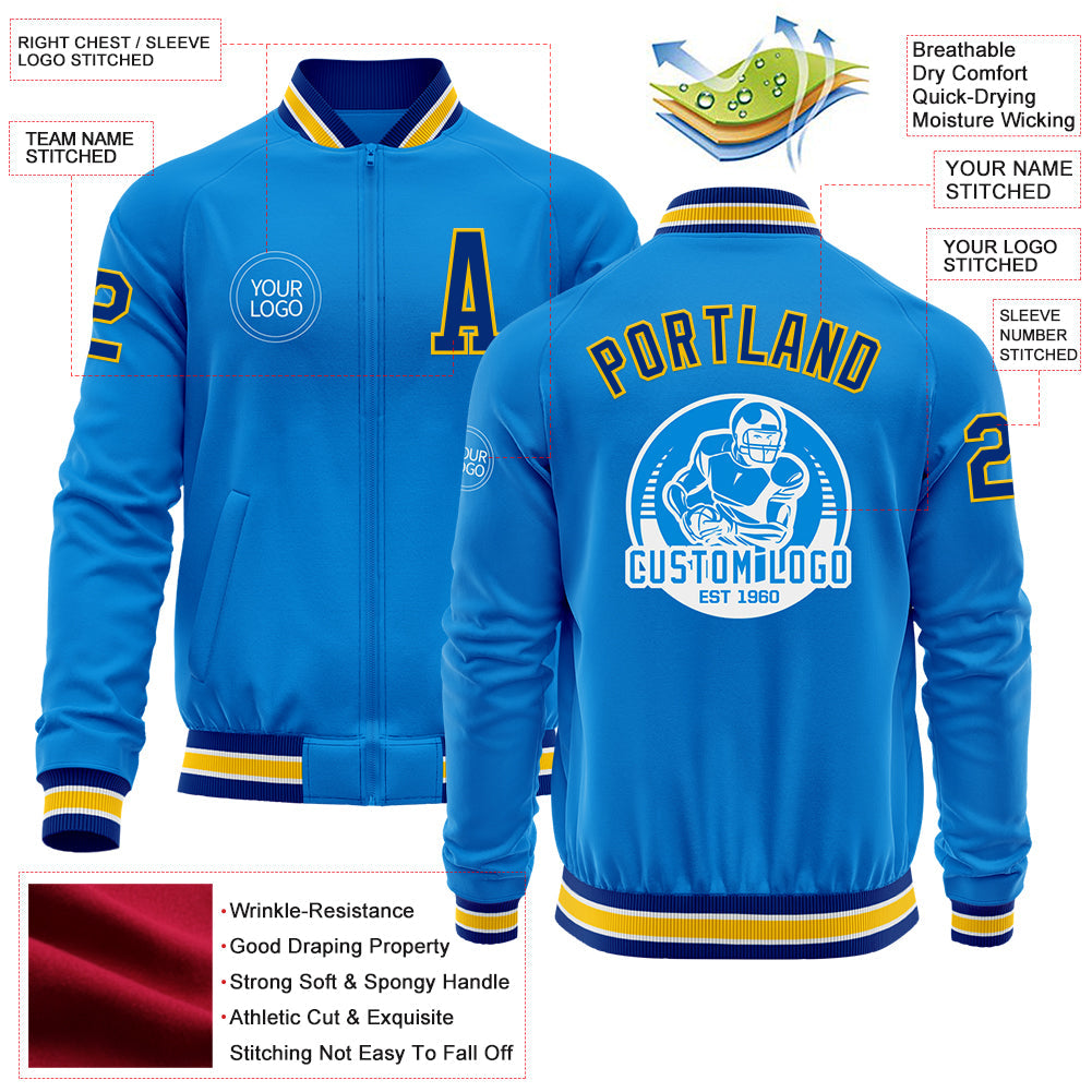 Custom Powder Blue Royal-Yellow Bomber Varsity Letterman Zipper Jacket view 4