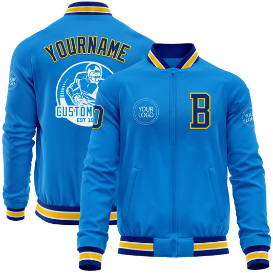 Custom Powder Blue Royal-Yellow Bomber Varsity Letterman Zipper Jacket - Main View