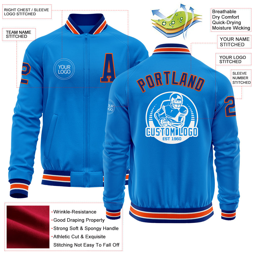 Custom Powder Blue Royal-Orange Bomber Varsity Letterman Zipper Jacket view 4