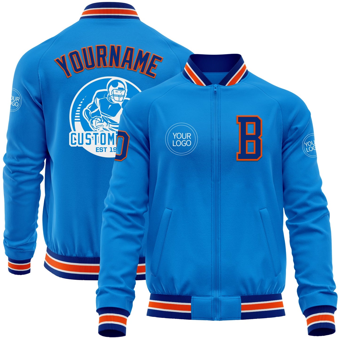 Custom Powder Blue Royal-Orange Bomber Varsity Letterman Zipper Jacket - Main View