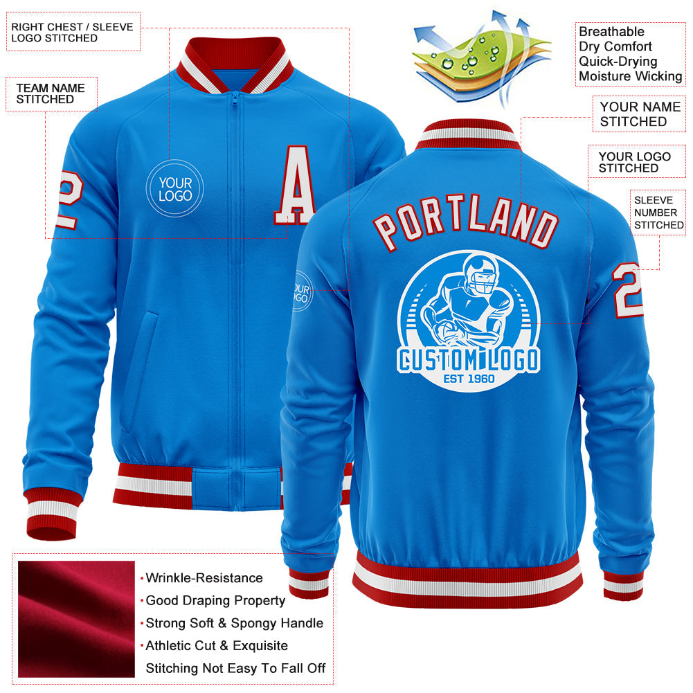 Custom Powder Blue White-Red Bomber Varsity Letterman Zipper Jacket view 4