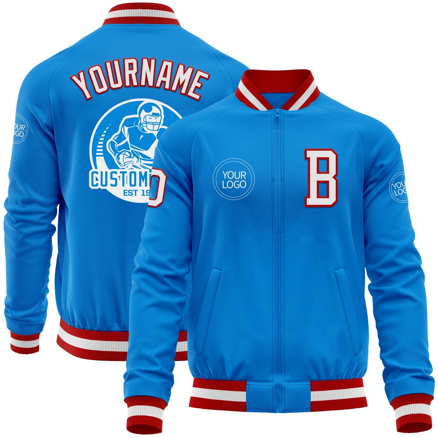 Custom Powder Blue White-Red Bomber Varsity Letterman Zipper Jacket - Main View
