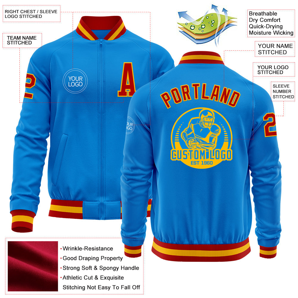 Custom Powder Blue Red-Gold Bomber Varsity Letterman Zipper Jacket view 4