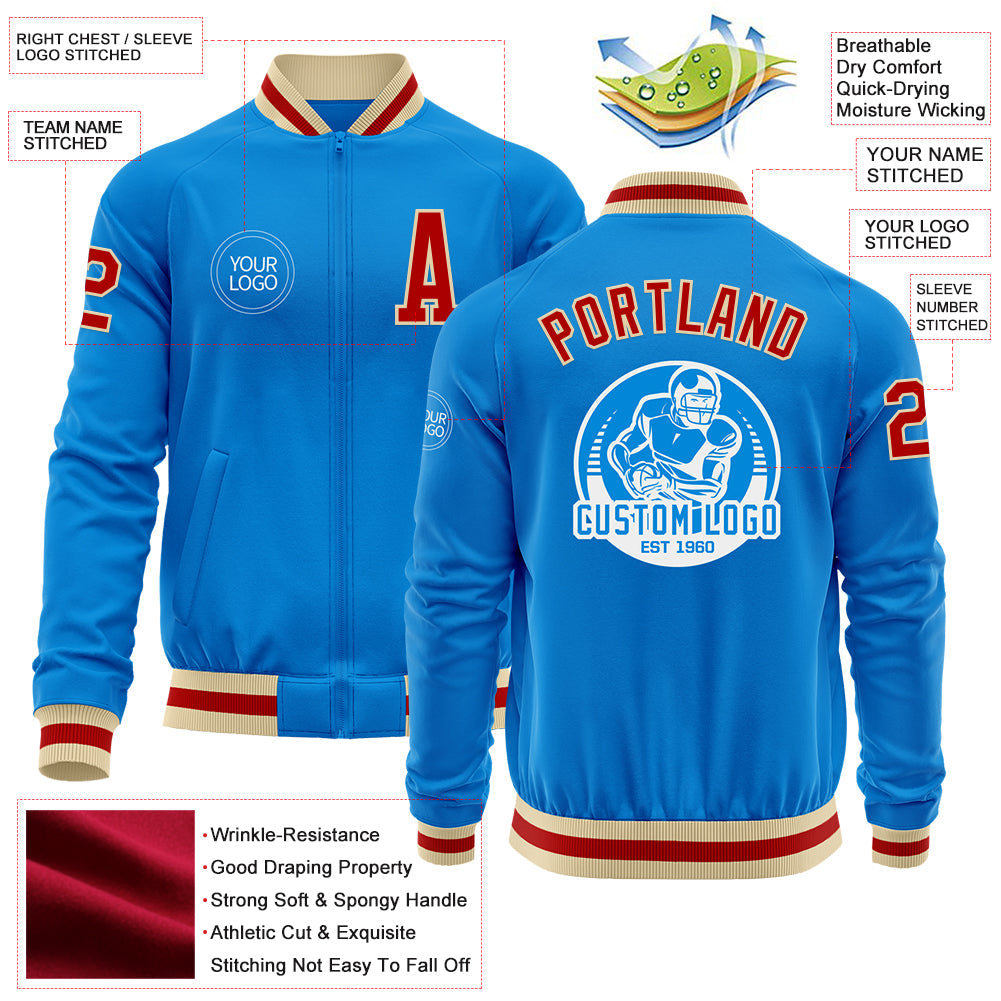 Custom Powder Blue Red-Cream Bomber Varsity Letterman Zipper Jacket view 4