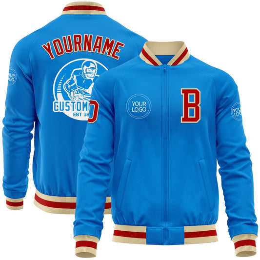 Custom Powder Blue Red-Cream Bomber Varsity Letterman Zipper Jacket - Main View