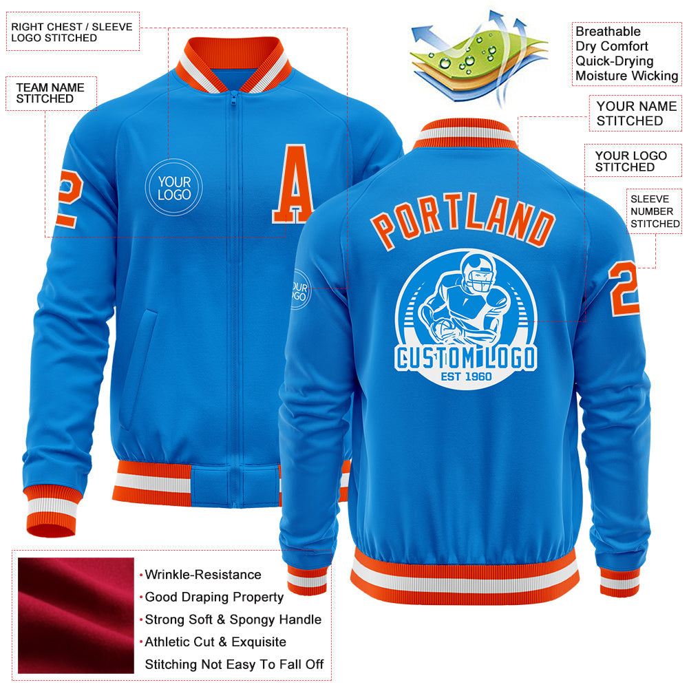 Custom Powder Blue Orange-White Bomber Varsity Letterman Zipper Jacket view 4