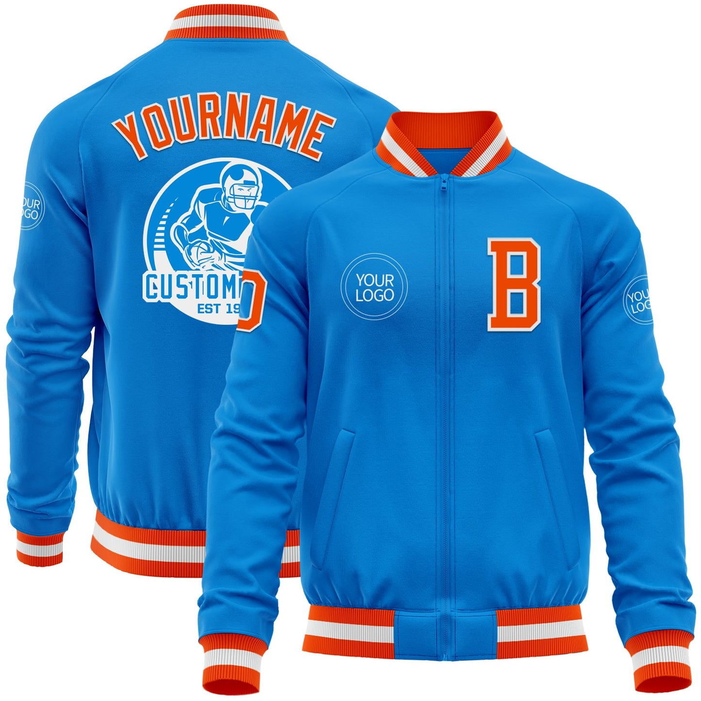 Custom Powder Blue Orange-White Bomber Varsity Letterman Zipper Jacket - Main View