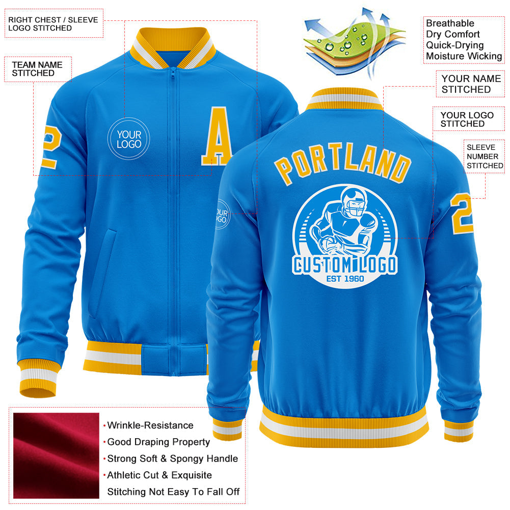 Custom Powder Blue Gold-White Bomber Varsity Letterman Zipper Jacket view 4