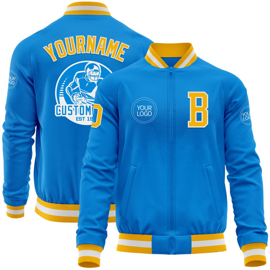 Custom Powder Blue Gold-White Bomber Varsity Letterman Zipper Jacket - Main View
