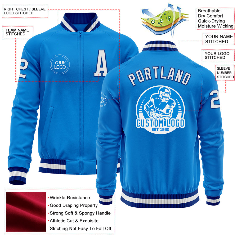 Custom Powder Blue White-Royal Bomber Varsity Letterman Zipper Jacket view 4