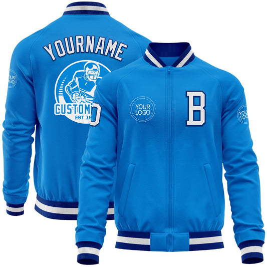 Custom Powder Blue White-Royal Bomber Varsity Letterman Zipper Jacket - Main View