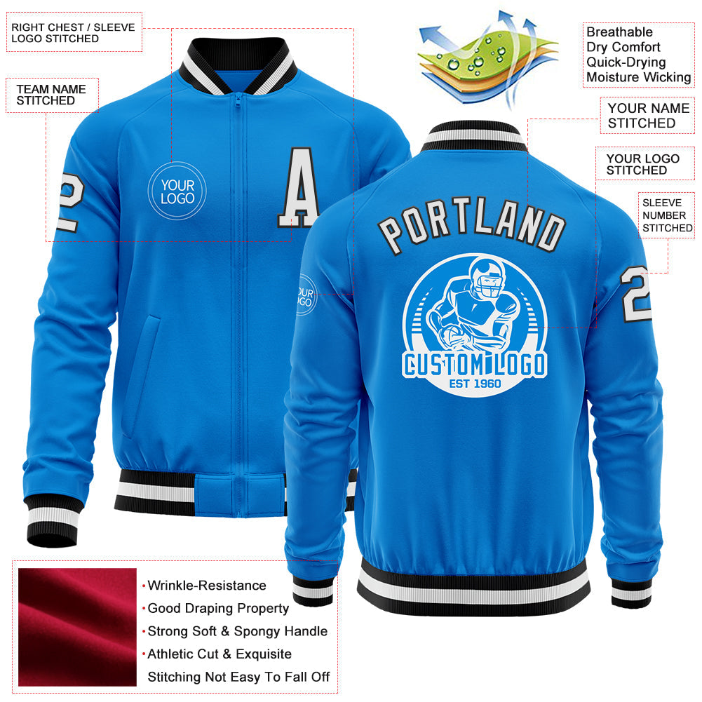 Custom Powder Blue White-Black Bomber Varsity Letterman Zipper Jacket view 4