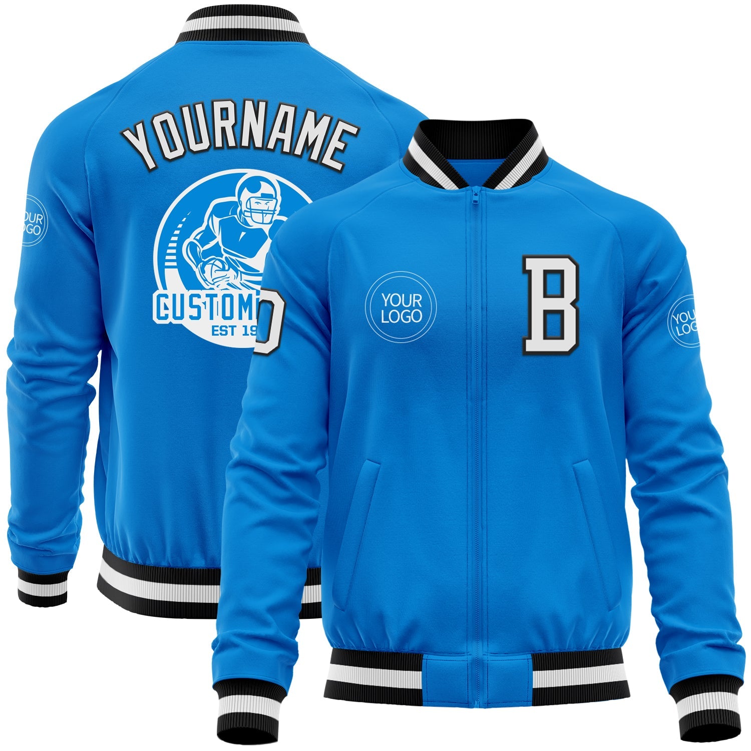 Custom Powder Blue White-Black Bomber Varsity Letterman Zipper Jacket - Main View