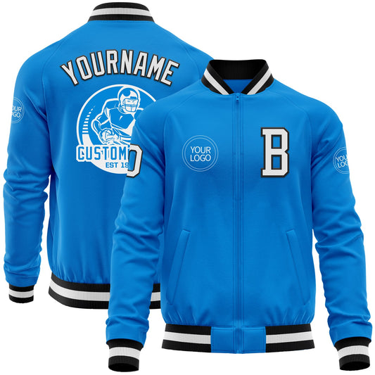 Custom Powder Blue White-Black Bomber Varsity Letterman Zipper Jacket - Main View