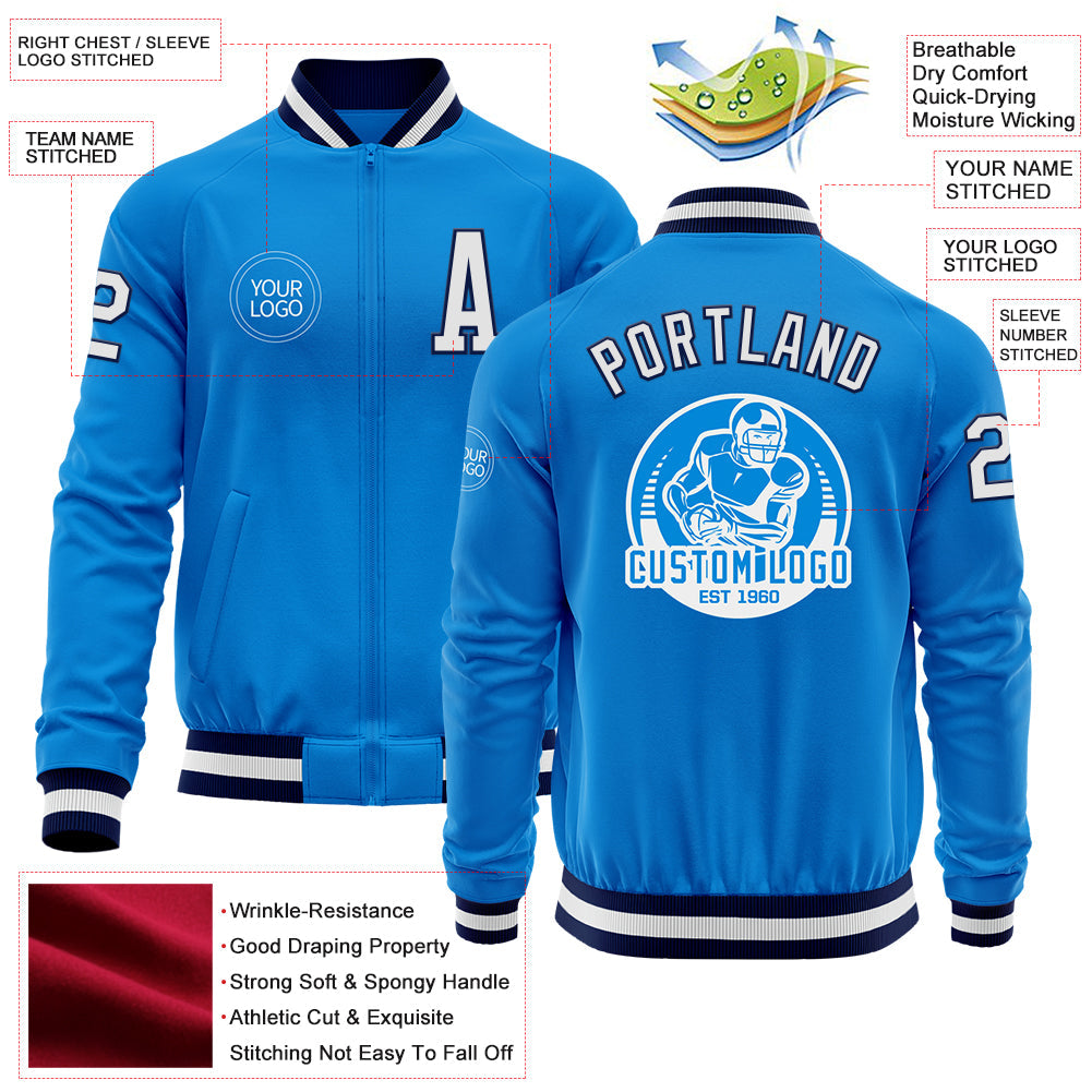 Custom Powder Blue White-Navy Bomber Varsity Letterman Zipper Jacket view 4