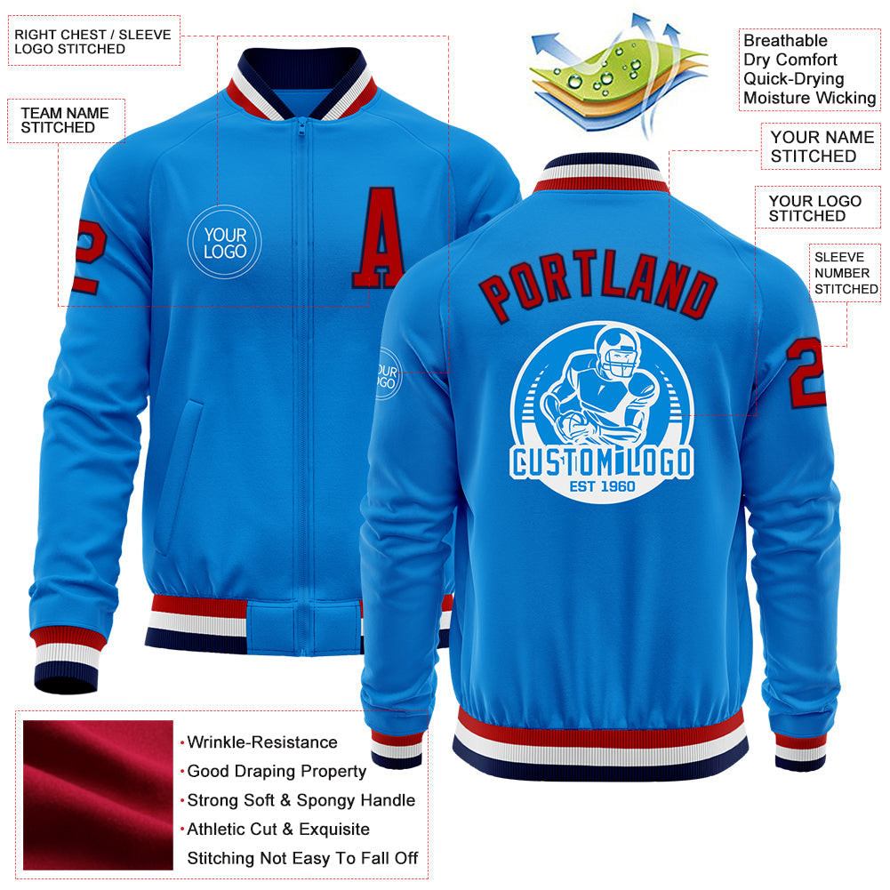 Custom Powder Blue Red-Navy Bomber Varsity Letterman Zipper Jacket view 4