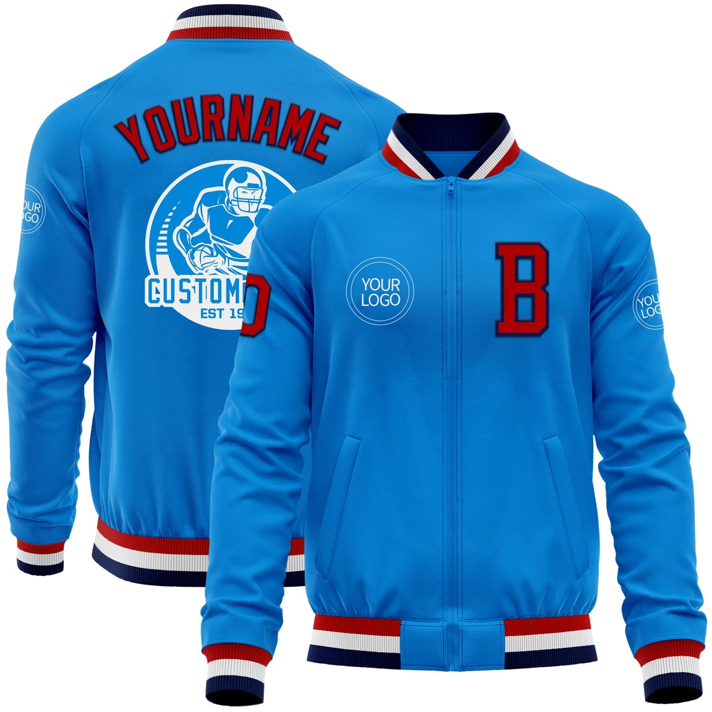 Custom Powder Blue Red-Navy Bomber Varsity Letterman Zipper Jacket - Main View