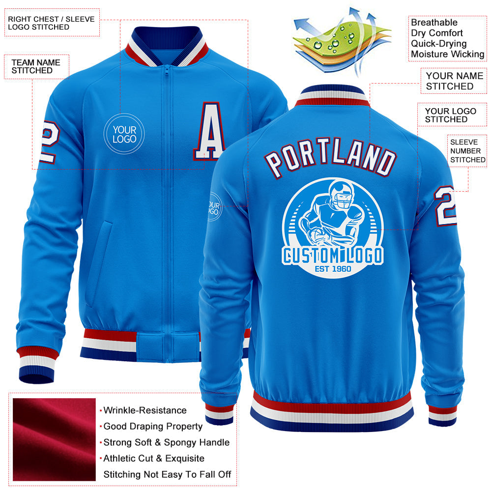 Custom Powder Blue Royal-Red Bomber Varsity Letterman Zipper Jacket view 4
