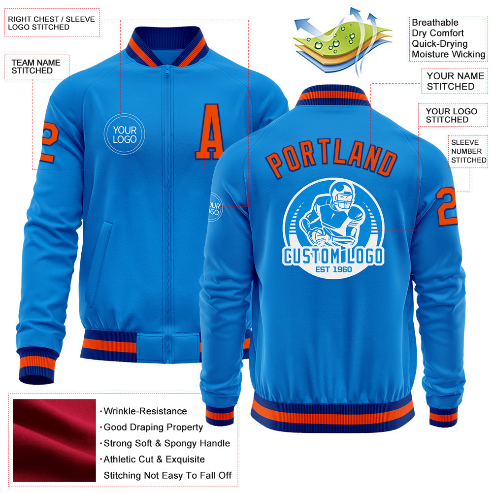 Custom Powder Blue Orange-Royal Bomber Varsity Letterman Zipper Jacket view 4