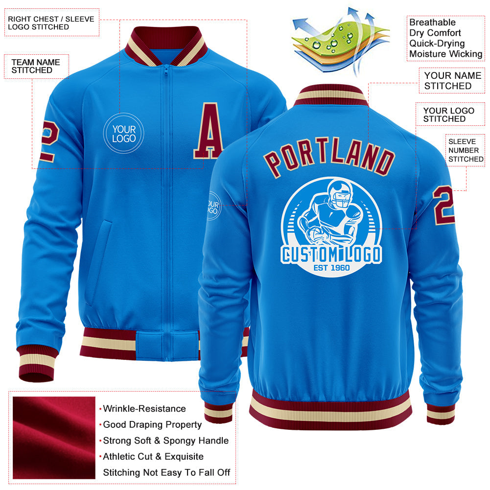 Custom Powder Blue Maroon-Cream Bomber Varsity Letterman Zipper Jacket view 4