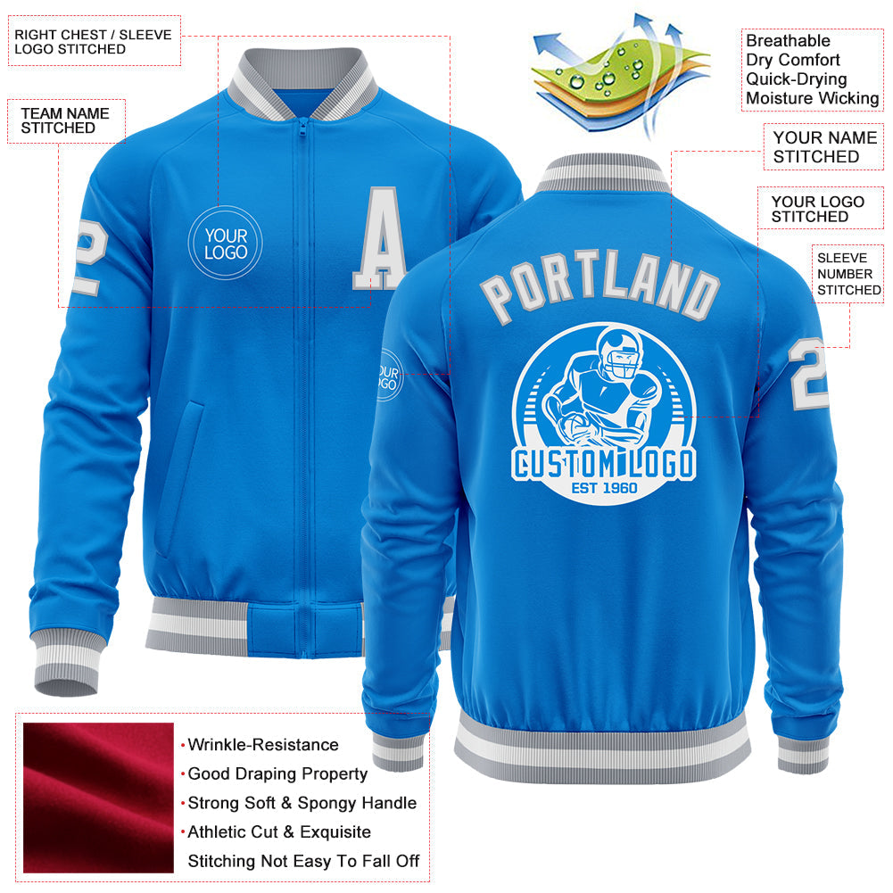 Custom Powder Blue White-Gray Bomber Varsity Letterman Zipper Jacket view 4