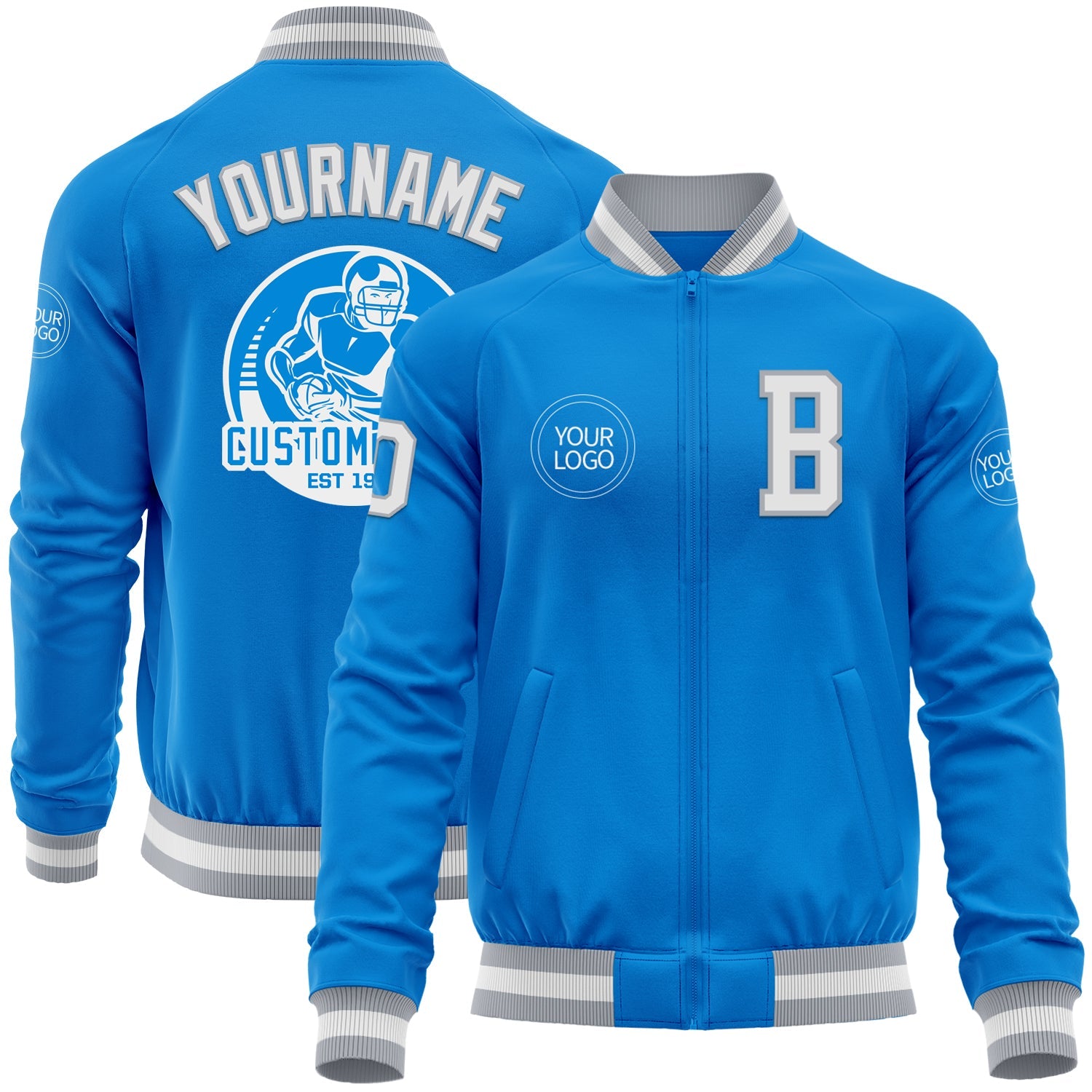 Custom Powder Blue White-Gray Bomber Varsity Letterman Zipper Jacket - Main View