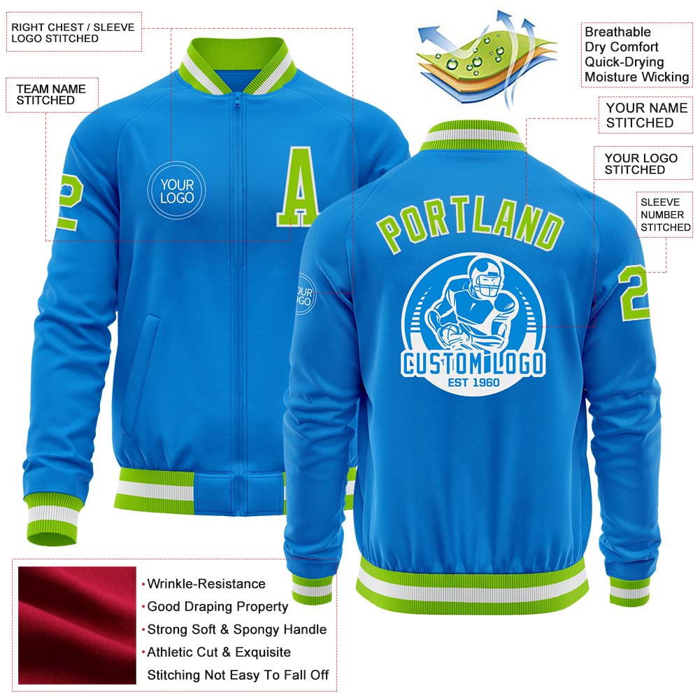Custom Powder Blue Neon Green-White Bomber Varsity Letterman Zipper Jacket view 4