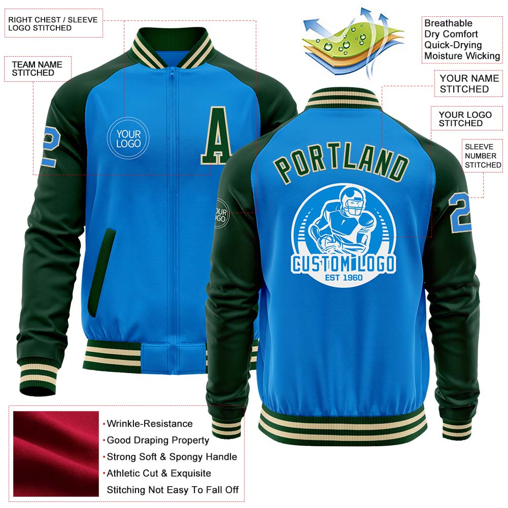 Custom Powder Blue Cream-Green Bomber Varsity Letterman Two Tone Zipper Jacket view 4