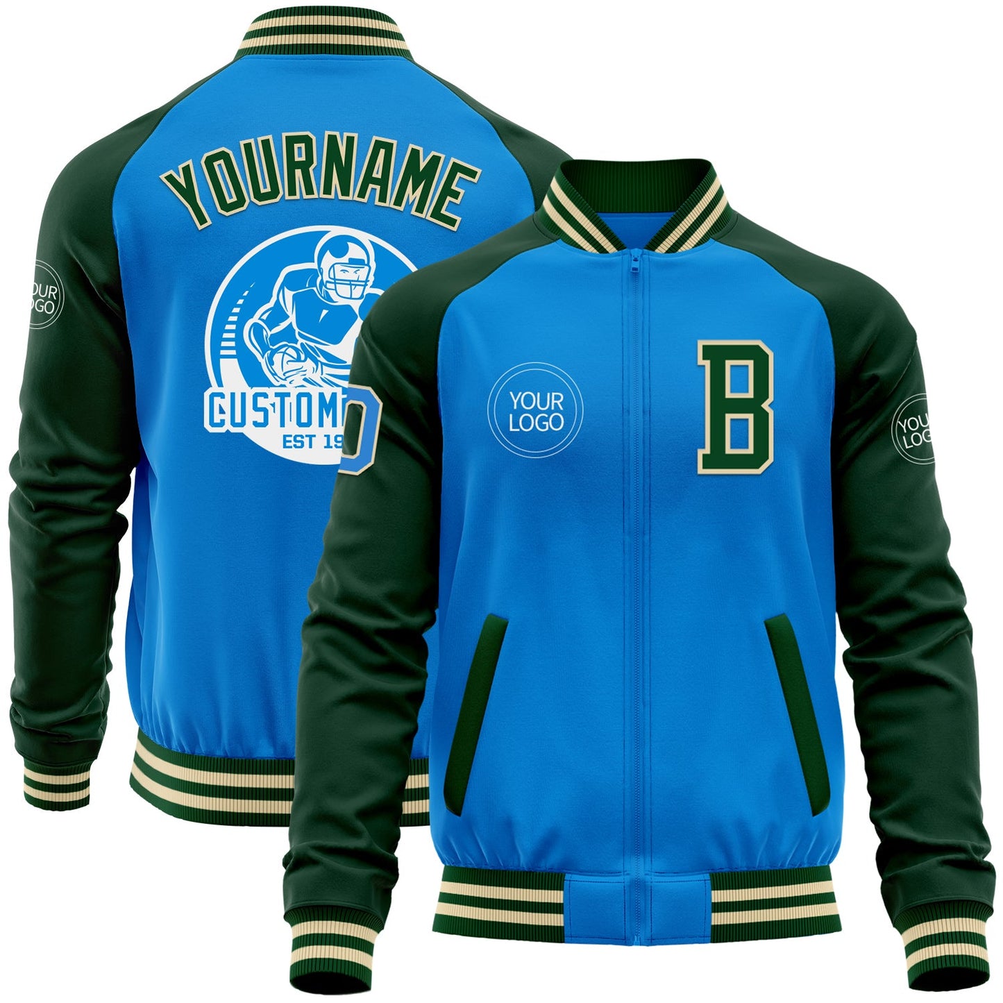 Custom Powder Blue Cream-Green Bomber Varsity Letterman Two Tone Zipper Jacket - Main View