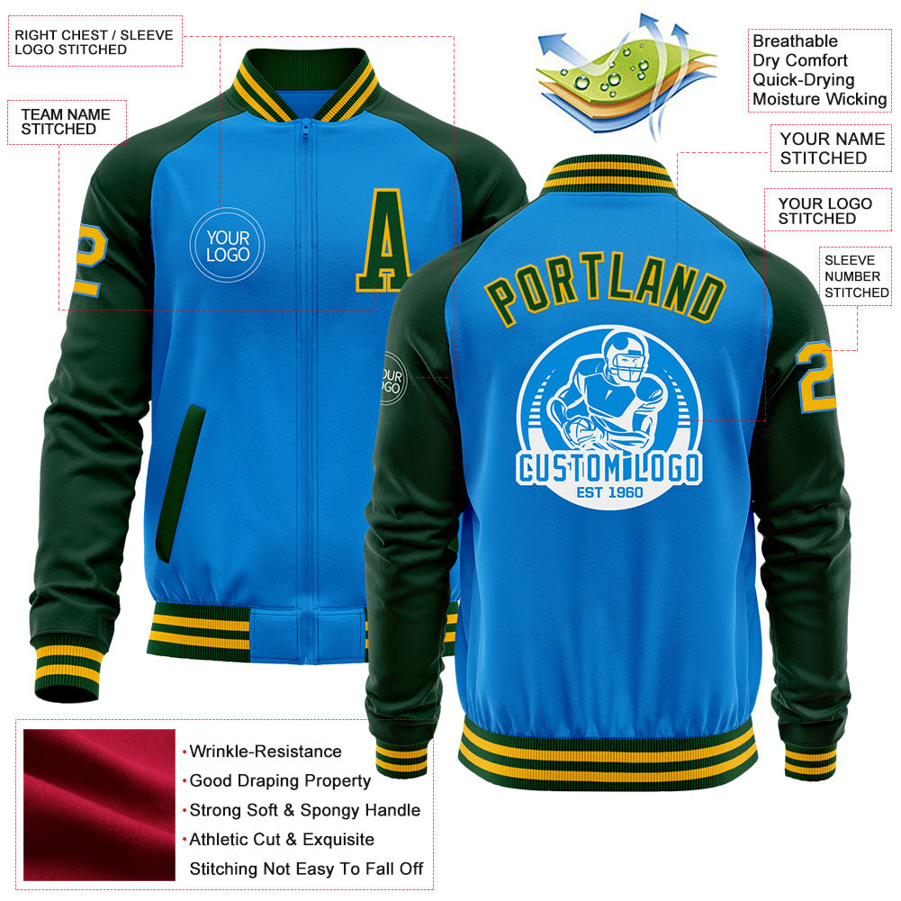 Custom Powder Blue Gold-Green Bomber Varsity Letterman Two Tone Zipper Jacket view 4