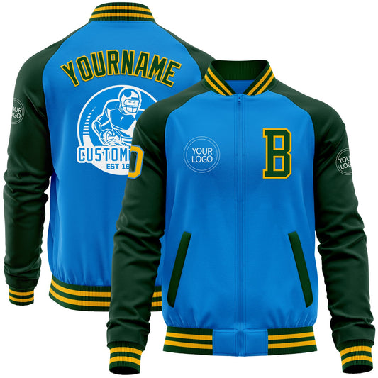 Custom Powder Blue Gold-Green Bomber Varsity Letterman Two Tone Zipper Jacket - Main View