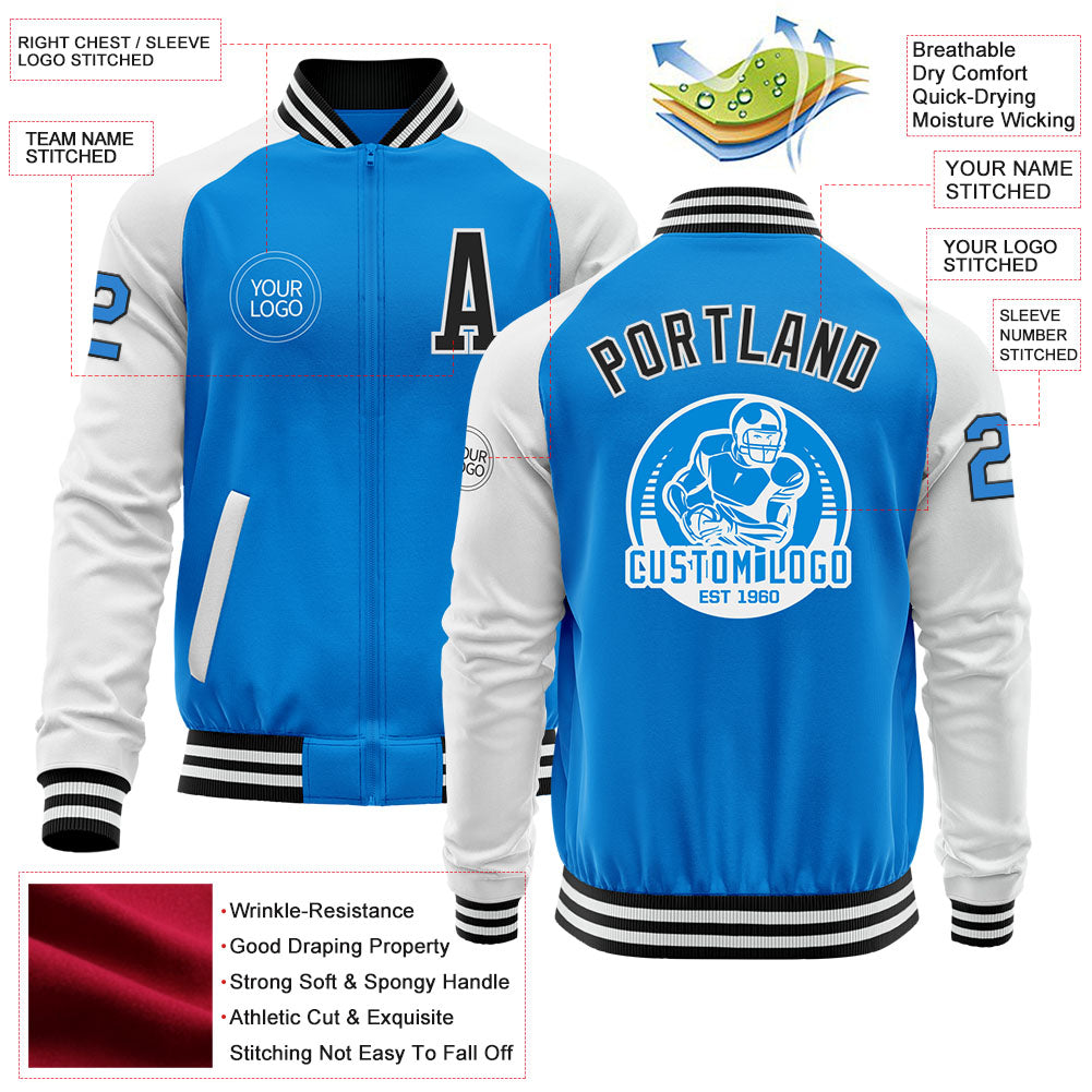 Custom Powder Blue Black-White Bomber Varsity Letterman Two Tone Zipper Jacket view 4