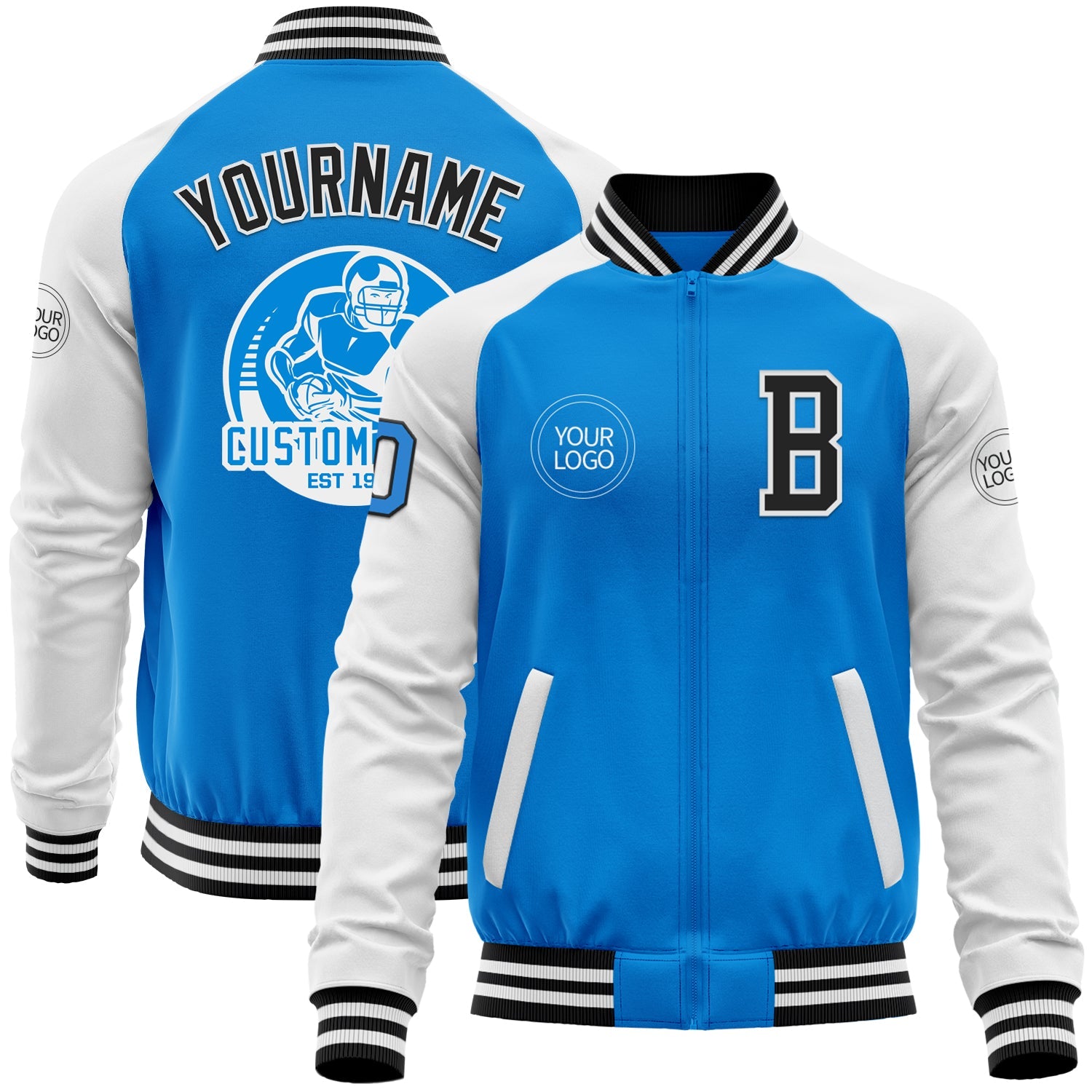 Custom Powder Blue Black-White Bomber Varsity Letterman Two Tone Zipper Jacket - Main View