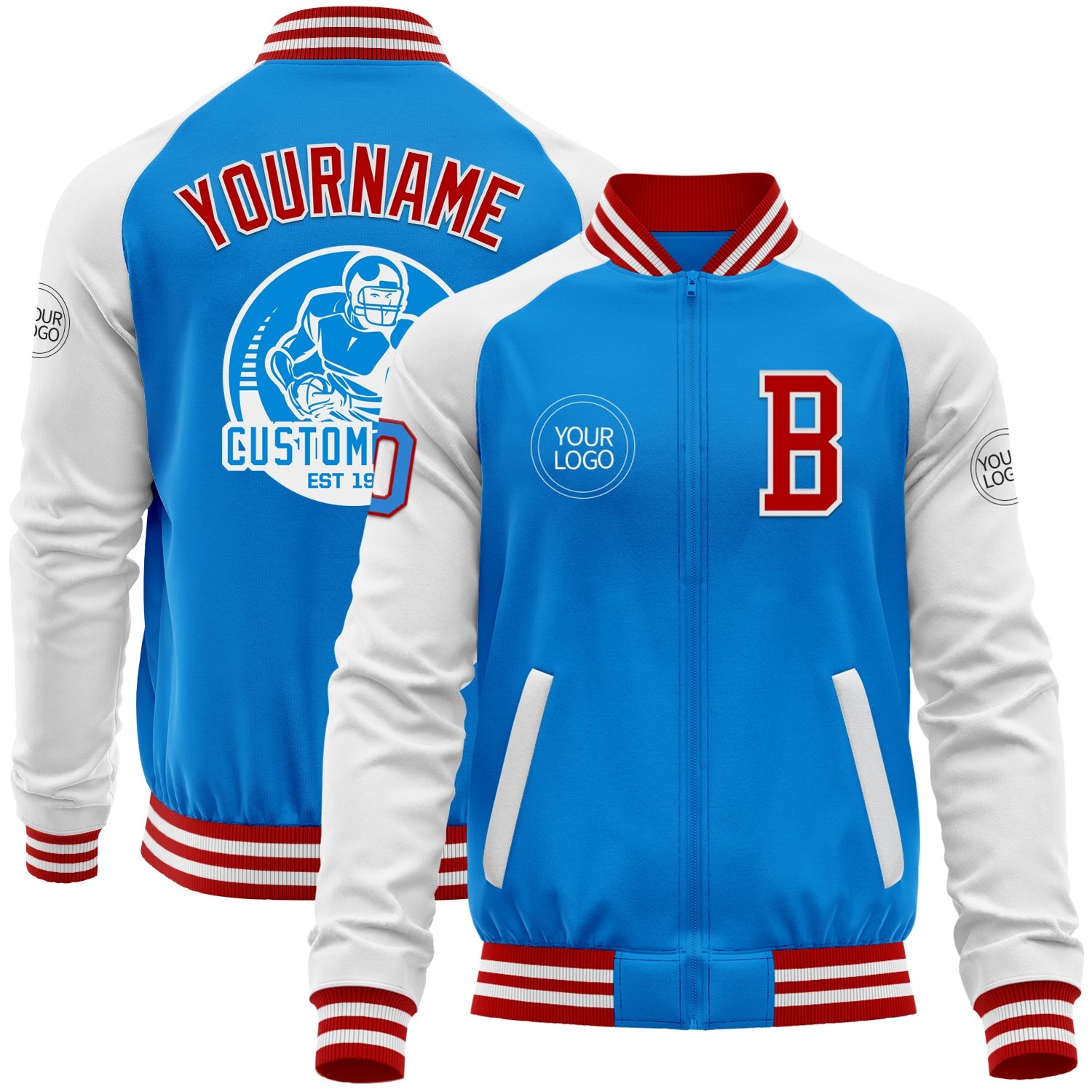 Custom Powder Blue Red-White Bomber Varsity Letterman Two Tone Zipper Jacket - Main View