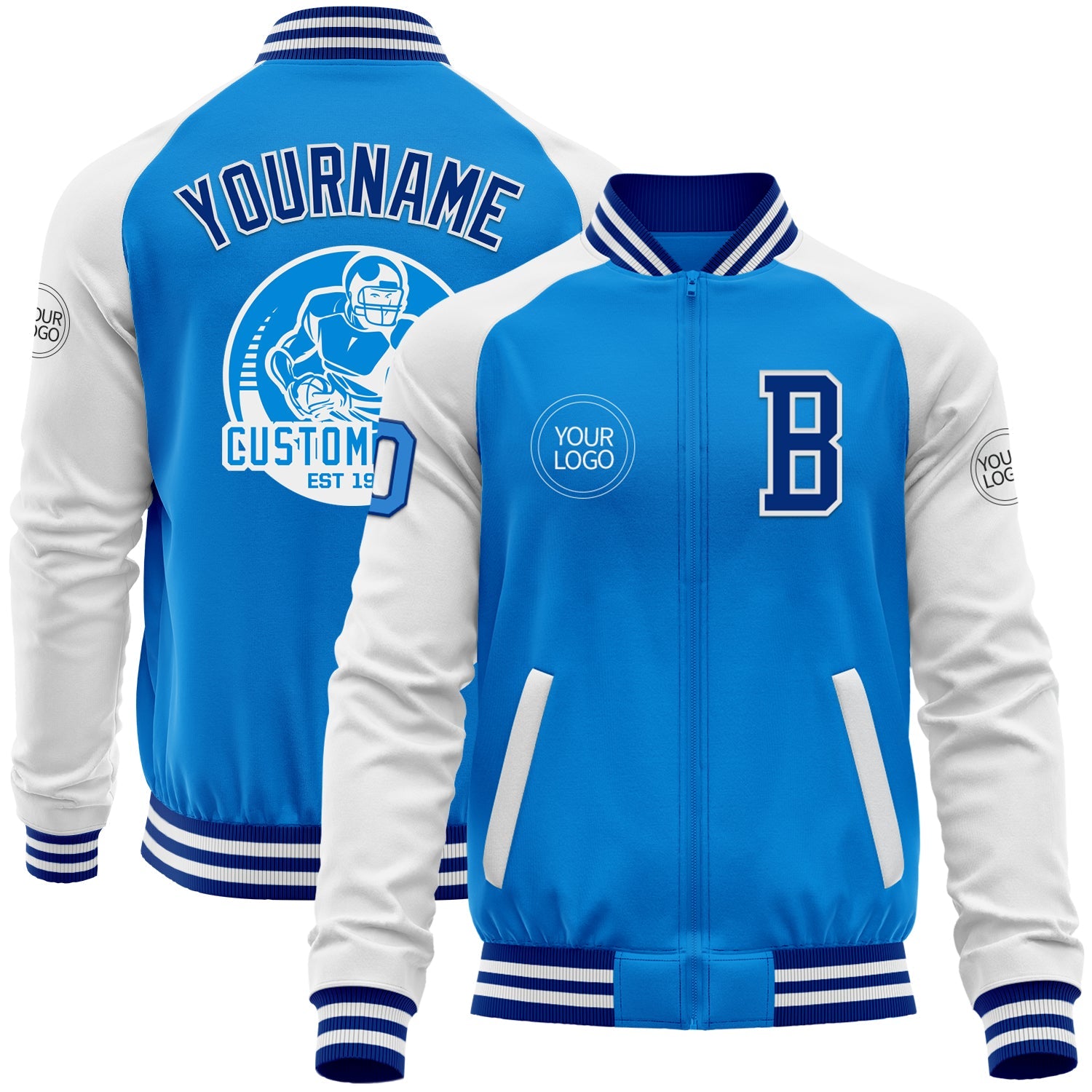 Custom Powder Blue Royal-White Bomber Varsity Letterman Two Tone Zipper Jacket - Main View