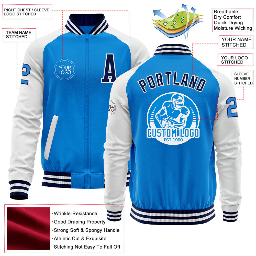 Custom Powder Blue Navy-White Bomber Varsity Letterman Two Tone Zipper Jacket view 4