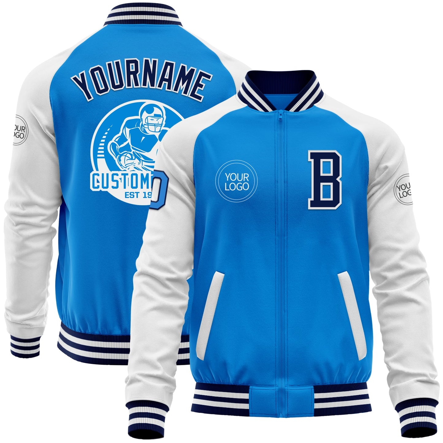 Custom Powder Blue Navy-White Bomber Varsity Letterman Two Tone Zipper Jacket - Main View
