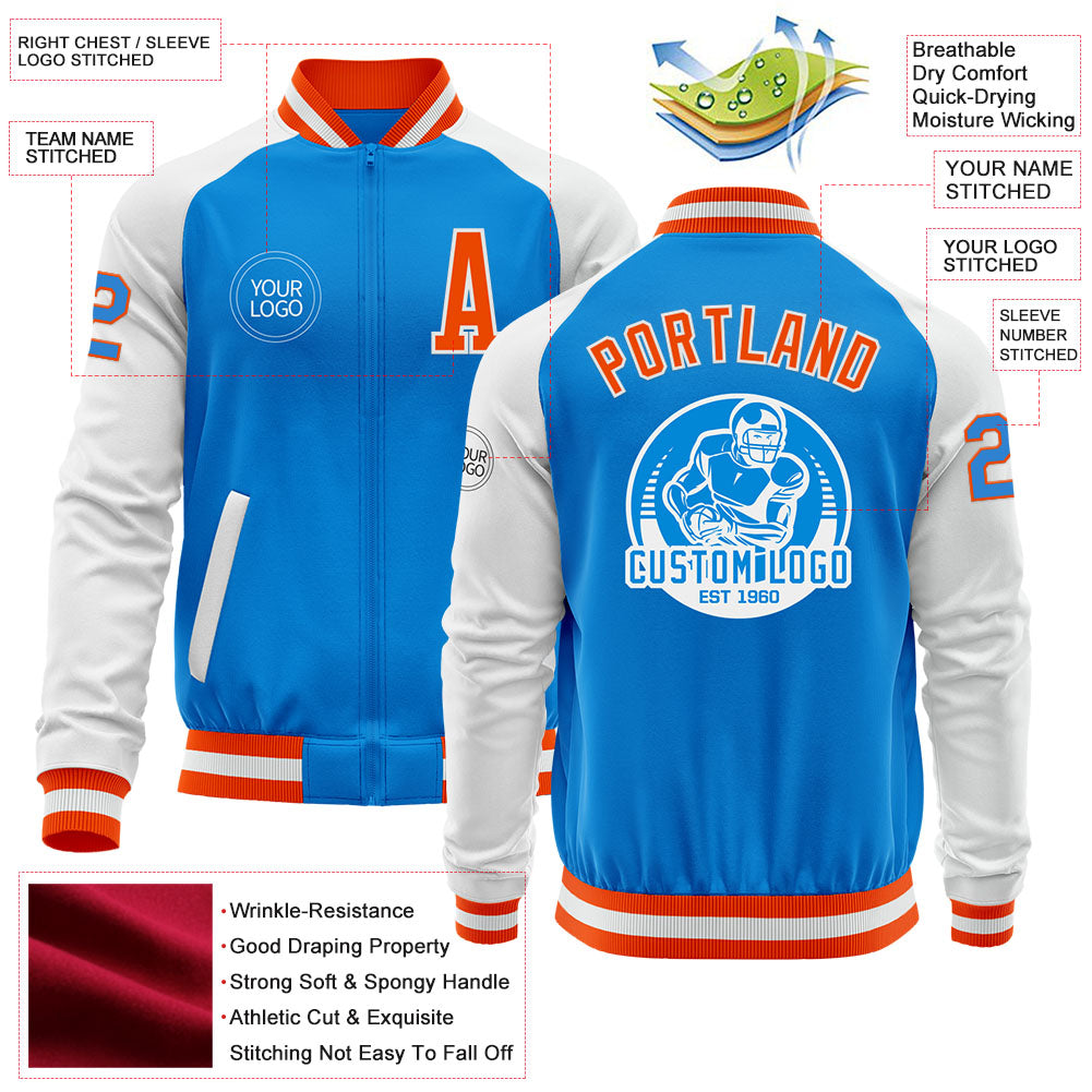 Custom Powder Blue Orange-White Bomber Varsity Letterman Two Tone Zipper Jacket view 4